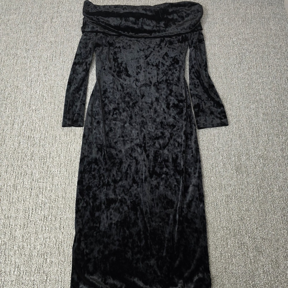 BCBGeneration Black Crushed Velvet Off Shoulder Midi Dress M Whimsigoth Goth
